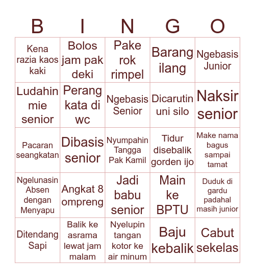 SNAKMA (girls only) Bingo Card