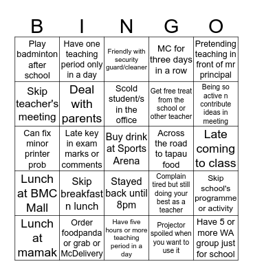 Teachers Edition Bingo Card