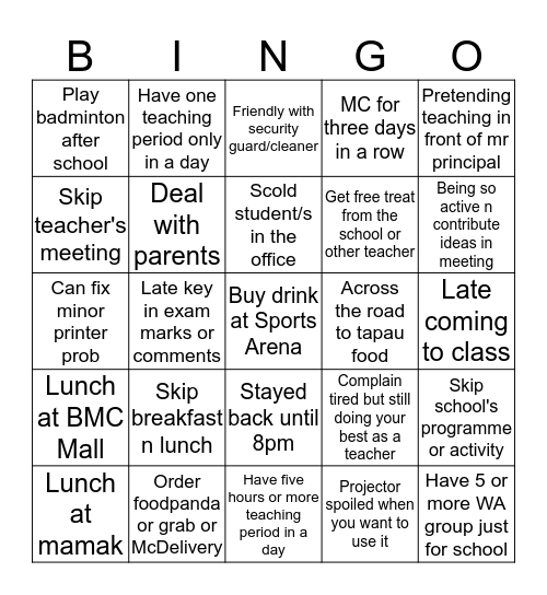 Teachers Edition Bingo Card