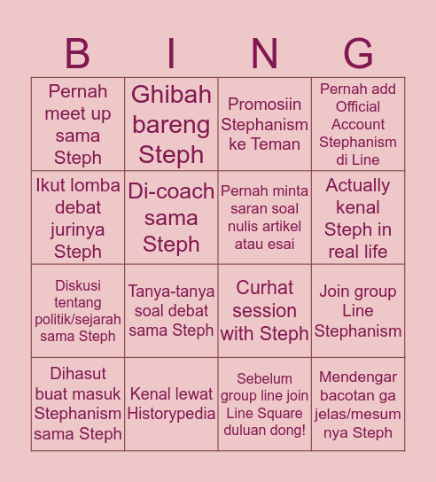 Stephanism Bingo Card