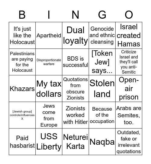 anti-Israel bullshit bingo! Bingo Card