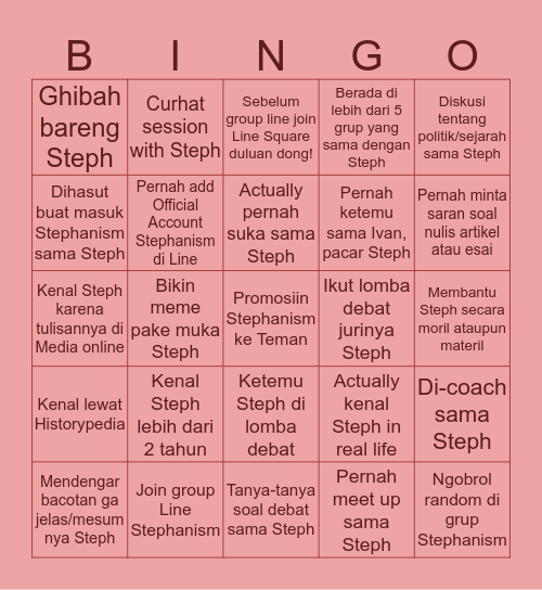 Stephanism Bingo Card