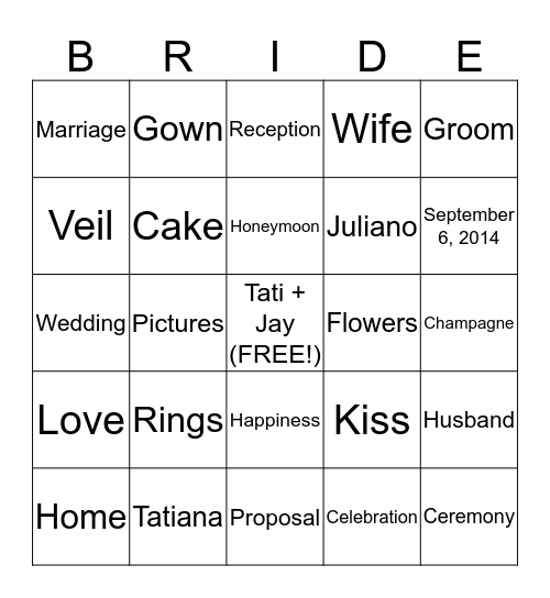 Tatiana's Bridal Shower Bingo Card