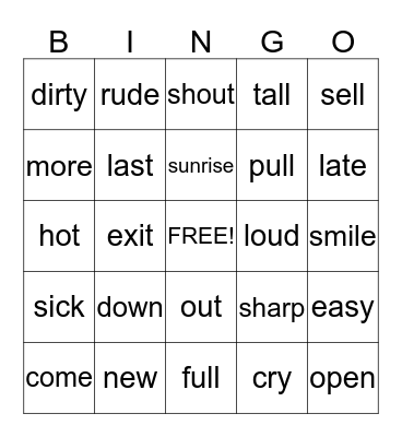 Antonyms Bingo Card