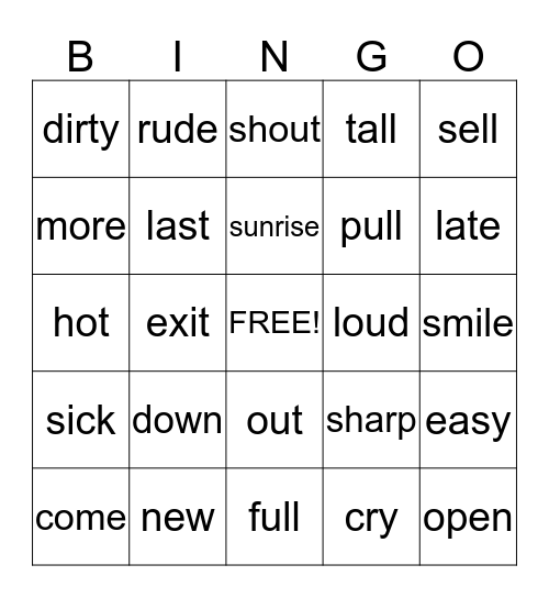 Antonyms Bingo Card