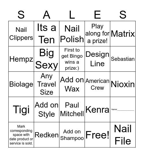 *Product and Service Bingo* Bingo Card