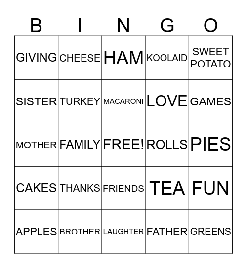 THANKSGIVING Bingo Card