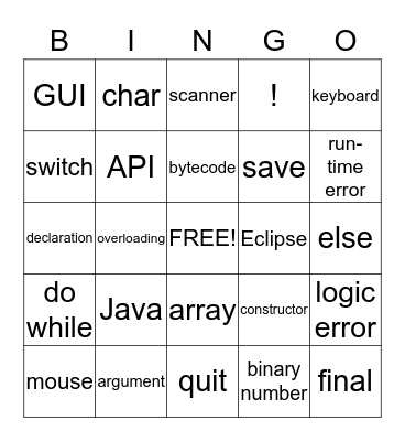 Computer and Java Vocabulary Bingo Card