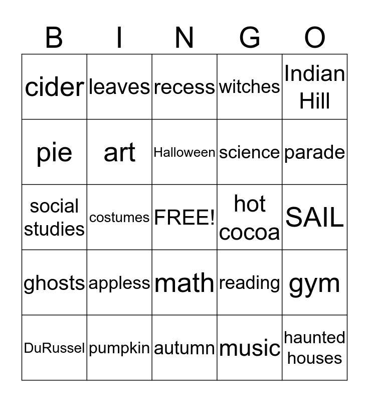 Harvest Day Bingo Card