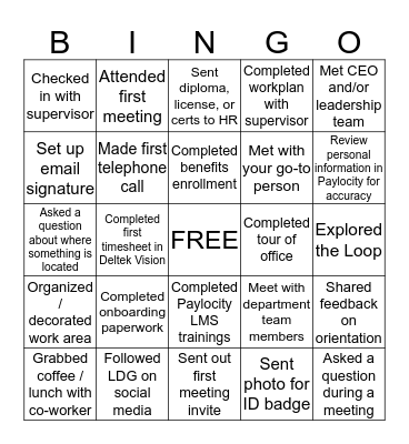 Onboarding Bingo Card