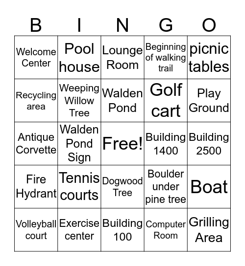 Walking Bingo of Walden Pond Bingo Card