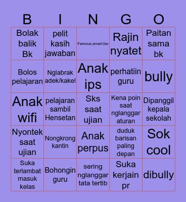 Bingo School Bingo Card
