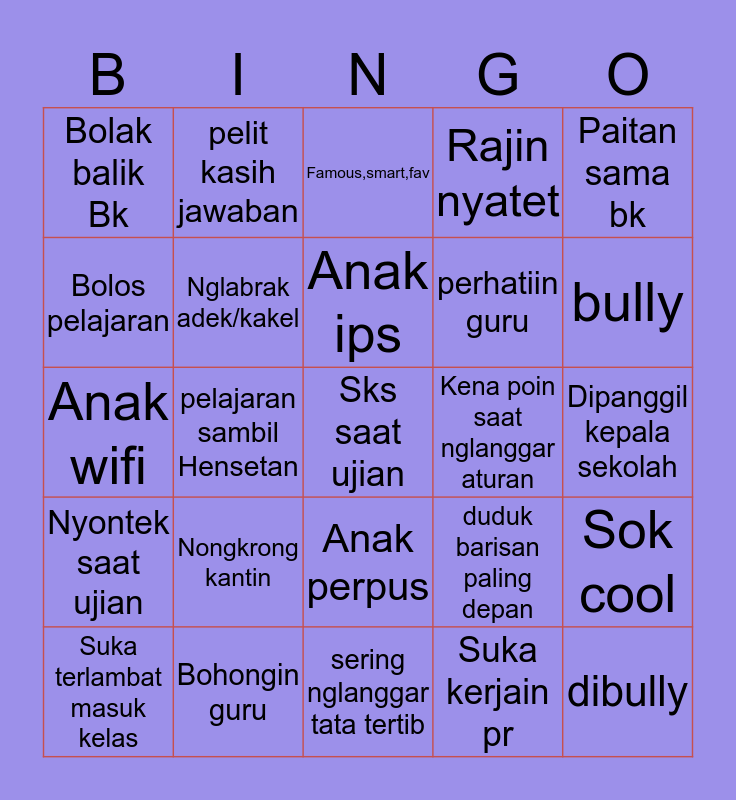 Bingo School Bingo Card