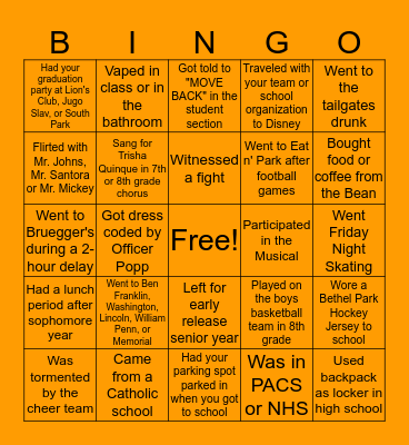Bethel Park High School Bingo Card