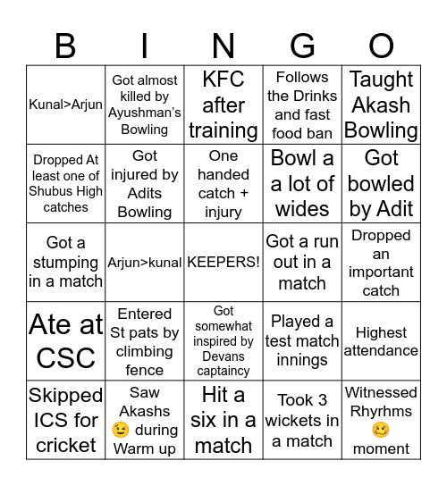 VJ Cricket Bingo Card