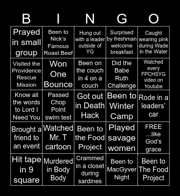 Youth Group Bingo Card
