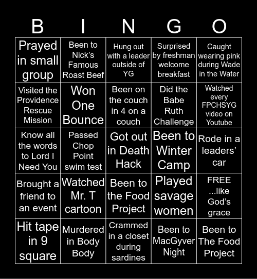 Youth Group Bingo Card