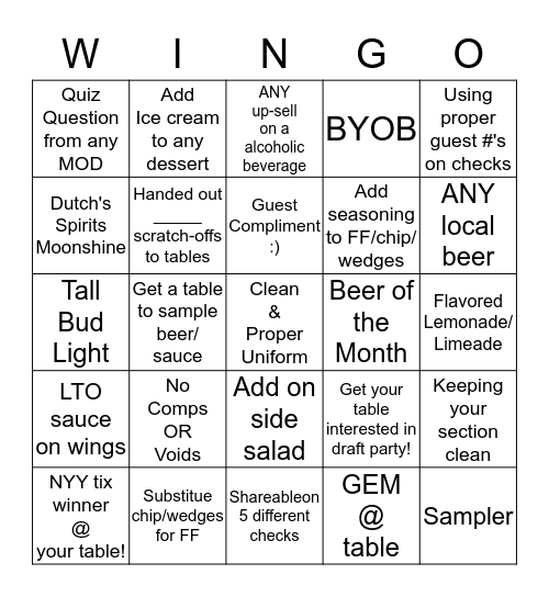 $$ BWW WINGOOOO!!!!!!!!!!!! $$ Bingo Card