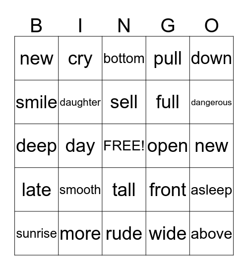 Antonyms Bingo Card