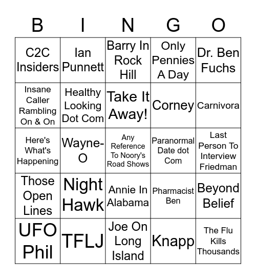 Coast 2 Coast Bingo Card