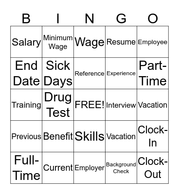 EMPLOYMENT BINGO Card