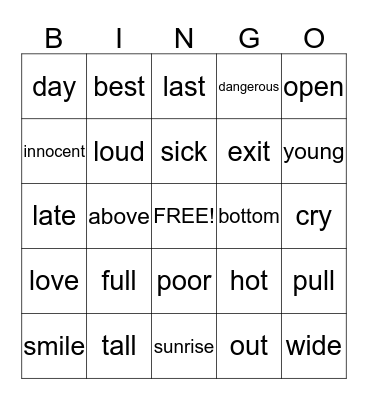 Antonyms Bingo Card
