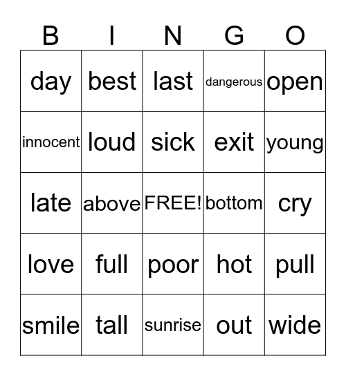 Antonyms Bingo Card
