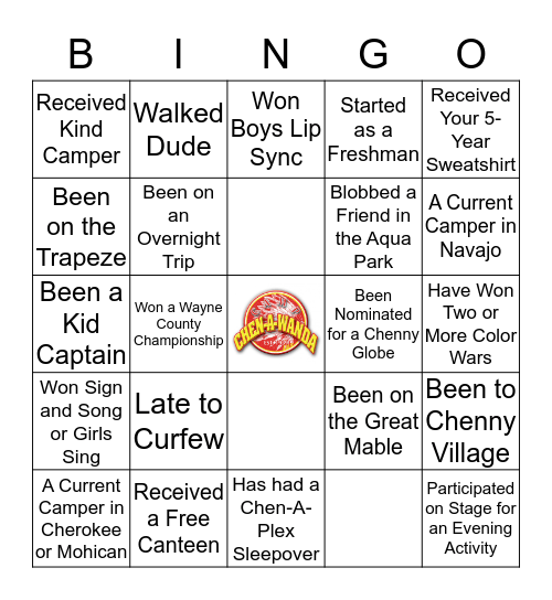 Camp Chen-A-Wanda Bingo Card