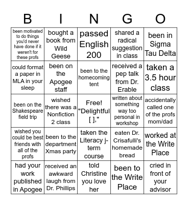 FC English & Creative Writing Bingo Card