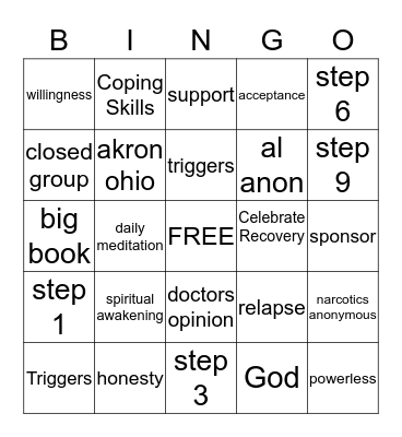 Recovery Bingo Card
