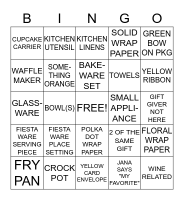 JANA'S BRIDAL BINGO Card
