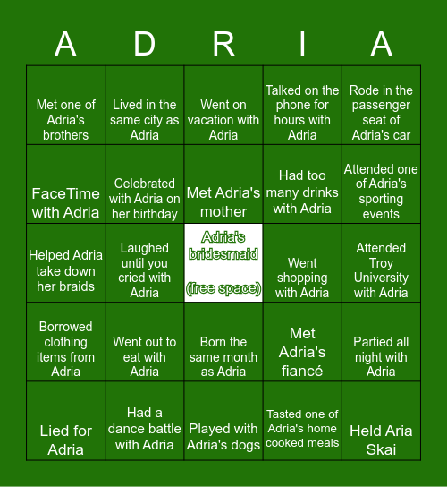 Adria's Bridesmaid Bingo Card