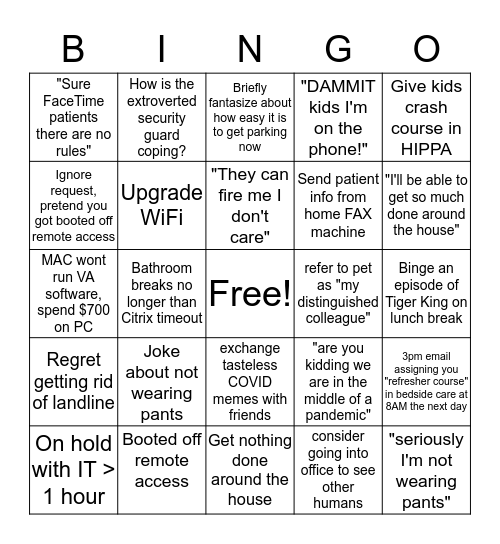 Health Care Work From Home BINGO Card