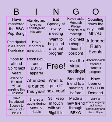 Tikvah BBG Bingo! Bingo Card
