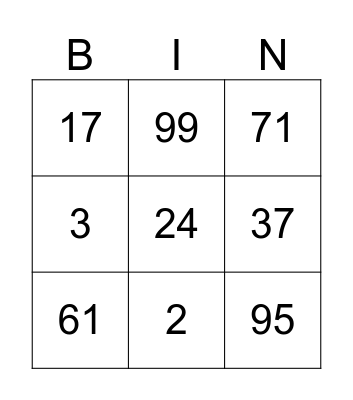 NUMBER Bingo Card