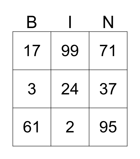 NUMBER Bingo Card