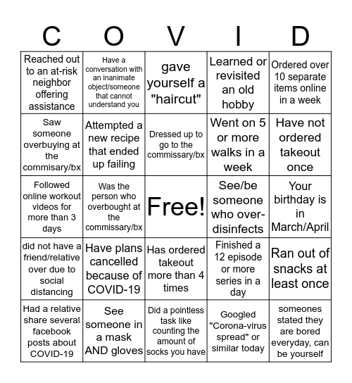 COVID-19 BINGO Card