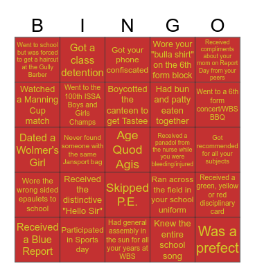 Wolmer's Boys' Bingo Card