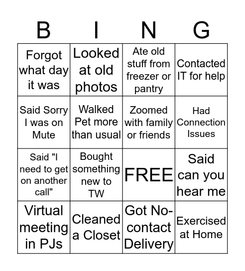 Pandemic Bingo Card