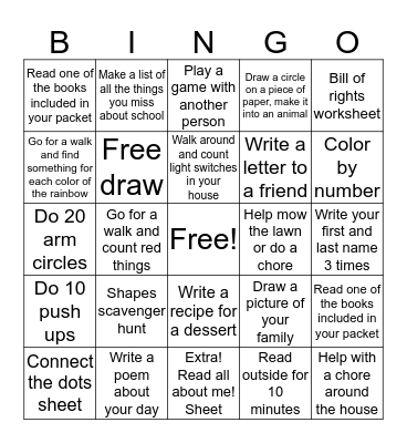 Week 4 Distance Learning Bingo Card