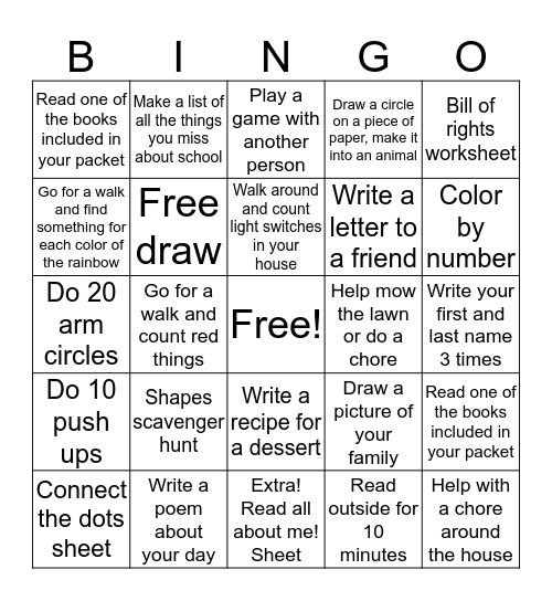 Week 4 Distance Learning Bingo Card