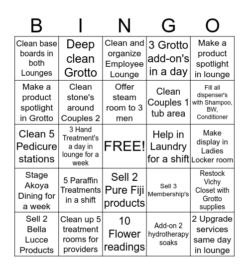 Spa/Lounge Attendant  Bingo Card