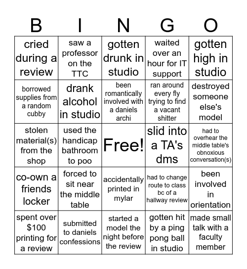 DANIELS BINGO Card