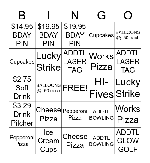 PARTY UPSELL BINGO CONTEST Bingo Card