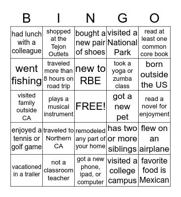 Welcome Back!!  Bingo Card