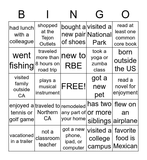 Welcome Back!!  Bingo Card