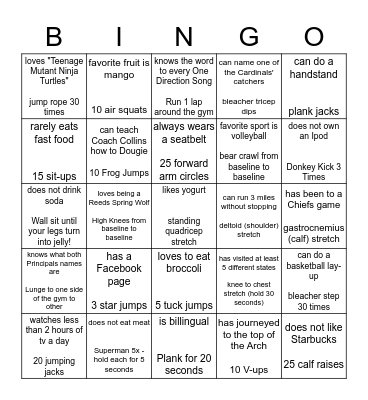 Fitness Bingo Card