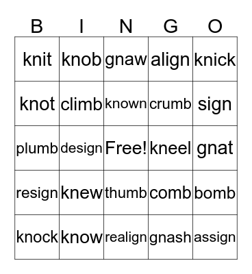 G2 Silent letters mb gn kn Bingo Card