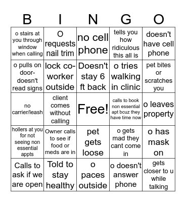Covid-19 Veterinary Curbside Bingo Card