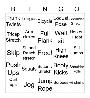 P.E. Fitness Bingo Card
